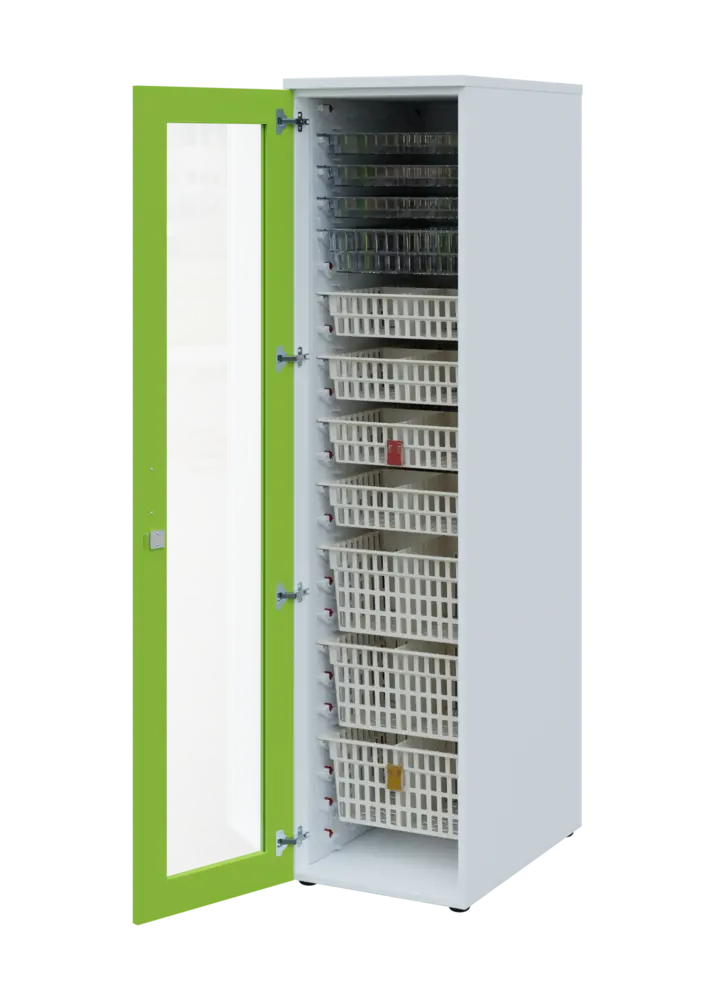 EUROMEDICA S - 46 skříň léková boxová, 1-dveřová/prosklená, levá, 1950x460x735, korpus bílý, dvířka jarní zeleň